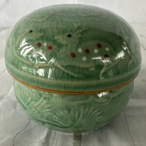 Vintage Celadon Porcelain 3 Piece Tea Infuser Strainer Cup Set Deer Floral